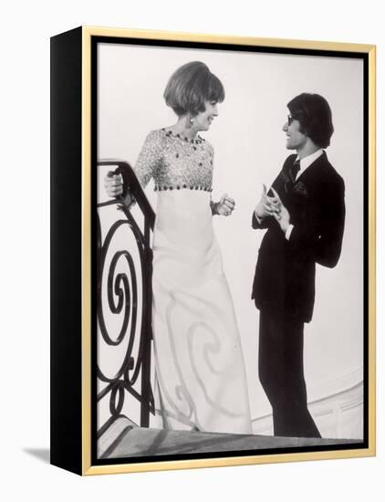 Fashion Designer Yves Saint Laurent Talking with Client Mrs. Stanley Donen at His Boutique-Pierre Boulat-Framed Premier Image Canvas