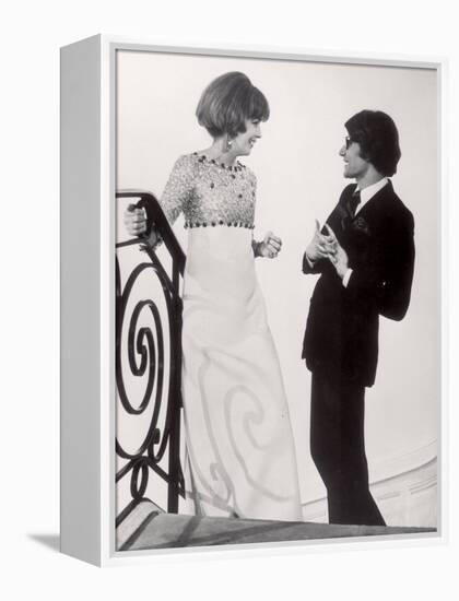 Fashion Designer Yves Saint Laurent Talking with Client Mrs. Stanley Donen at His Boutique-Pierre Boulat-Framed Premier Image Canvas