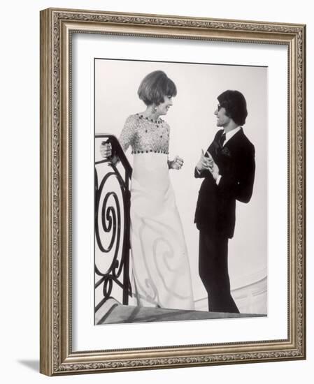 Fashion Designer Yves Saint Laurent Talking with Client Mrs. Stanley Donen at His Boutique-Pierre Boulat-Framed Premium Photographic Print