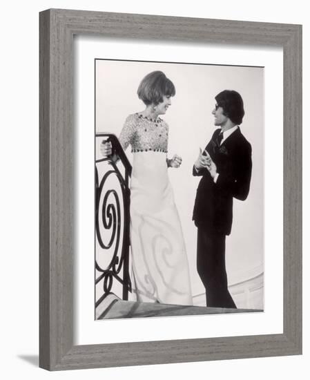 Fashion Designer Yves Saint Laurent Talking with Client Mrs. Stanley Donen at His Boutique-Pierre Boulat-Framed Premium Photographic Print