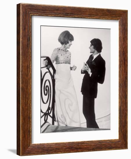 Fashion Designer Yves Saint Laurent Talking with Client Mrs. Stanley Donen at His Boutique-Pierre Boulat-Framed Premium Photographic Print