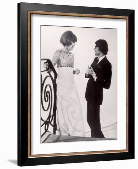 Fashion Designer Yves Saint Laurent Talking with Client Mrs. Stanley Donen at His Boutique-Pierre Boulat-Framed Premium Photographic Print