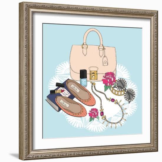 Fashion Essentials. Background with Bag, Sunglasses, Shoes, Jewelery, Makeup and Flowers.-cherry blossom girl-Framed Art Print