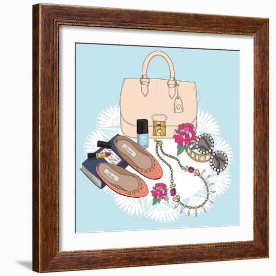 Fashion Essentials. Background with Bag, Sunglasses, Shoes, Jewelery, Makeup and Flowers.-cherry blossom girl-Framed Art Print