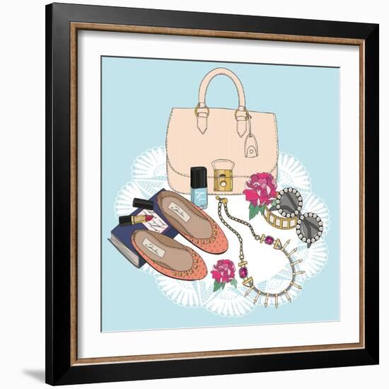 Fashion Essentials. Background with Bag, Sunglasses, Shoes, Jewelery, Makeup and Flowers.-cherry blossom girl-Framed Art Print