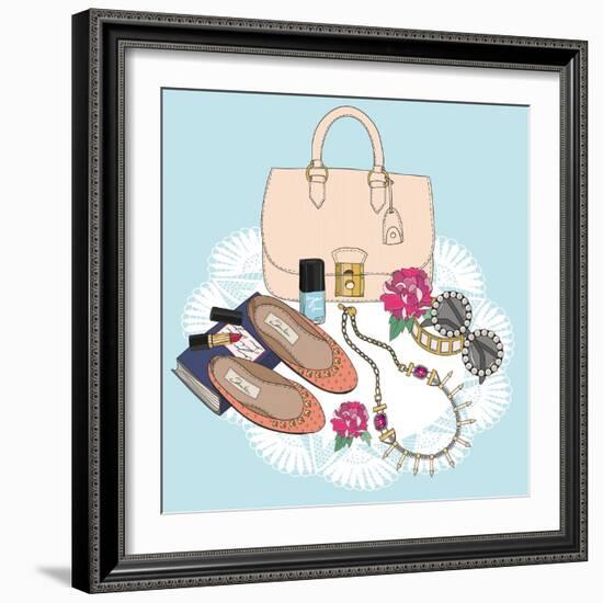 Fashion Essentials. Background with Bag, Sunglasses, Shoes, Jewelery, Makeup and Flowers.-cherry blossom girl-Framed Art Print