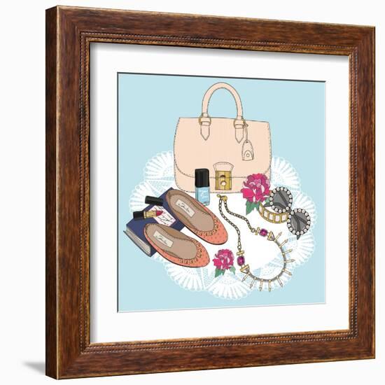 Fashion Essentials. Background with Bag, Sunglasses, Shoes, Jewelery, Makeup and Flowers.-cherry blossom girl-Framed Art Print