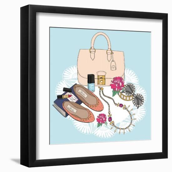 Fashion Essentials. Background with Bag, Sunglasses, Shoes, Jewelery, Makeup and Flowers.-cherry blossom girl-Framed Art Print