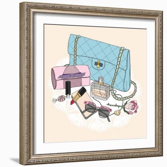 Fashion Essentials. Background with Bag, Sunglasses, Shoes, Jewelery, Perfume, Makeup and Flowers.-cherry blossom girl-Framed Art Print