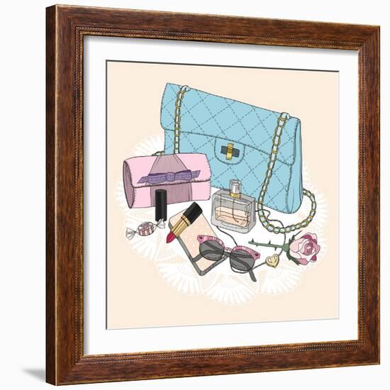 Fashion Essentials. Background with Bag, Sunglasses, Shoes, Jewelery, Perfume, Makeup and Flowers.-cherry blossom girl-Framed Art Print