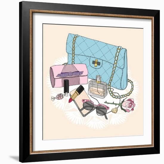 Fashion Essentials. Background with Bag, Sunglasses, Shoes, Jewelery, Perfume, Makeup and Flowers.-cherry blossom girl-Framed Art Print