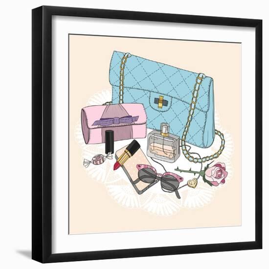 Fashion Essentials. Background with Bag, Sunglasses, Shoes, Jewelery, Perfume, Makeup and Flowers.-cherry blossom girl-Framed Art Print