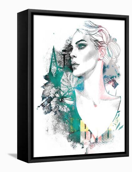 Fashion Illustration with a Freehand Drawing Pretty Blonde Lady and Floral Elements-A Frants-Framed Stretched Canvas