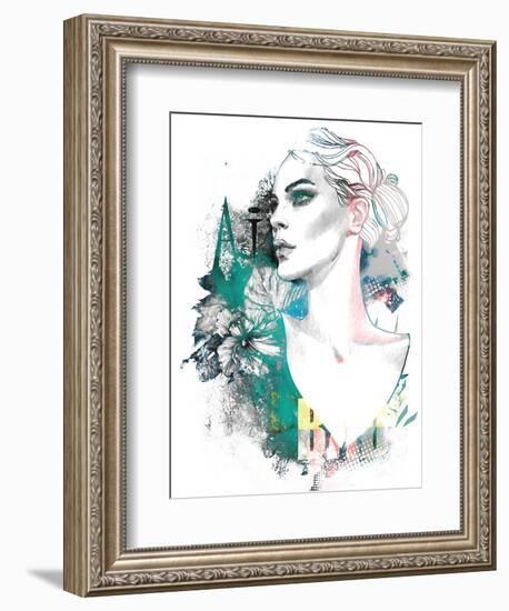Fashion Illustration with a Freehand Drawing Pretty Blonde Lady and Floral Elements-A Frants-Framed Art Print