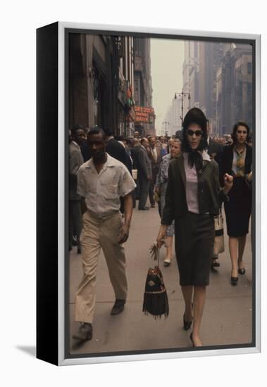 Fashion Model Brigitte Wasserman Walks Along 7th Avenue, New York, New York, 1960-Walter Sanders-Framed Premier Image Canvas