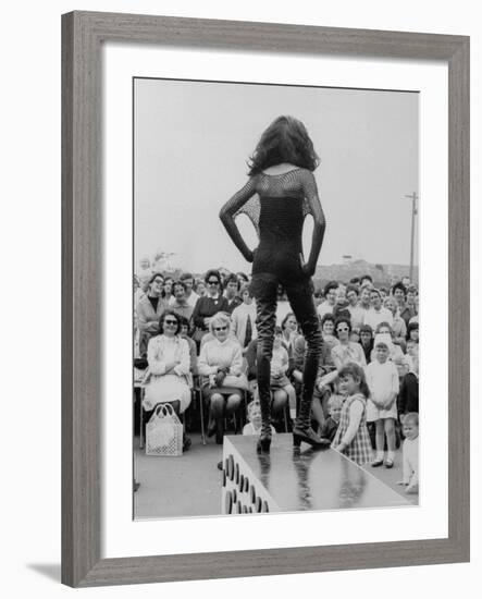 Fashion Model Donyale Luna at End of Outdoor Runway and Modeling Thigh High Lace Up Leather Boots-null-Framed Premium Photographic Print