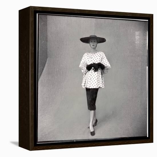 Fashion Model Showing Polka Dotted Smock Top over Black Skirt by Balenciaga-Gordon Parks-Framed Premier Image Canvas