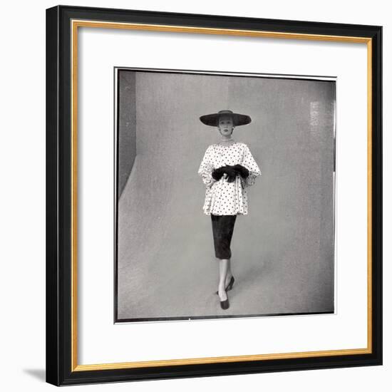 Fashion Model Showing Polka Dotted Smock Top over Black Skirt by Balenciaga-Gordon Parks-Framed Premium Photographic Print