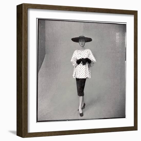 Fashion Model Showing Polka Dotted Smock Top over Black Skirt by Balenciaga-Gordon Parks-Framed Premium Photographic Print