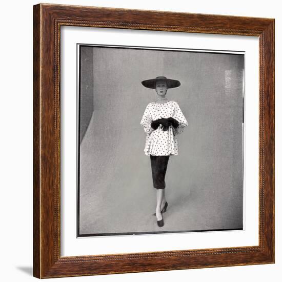 Fashion Model Showing Polka Dotted Smock Top over Black Skirt by Balenciaga-Gordon Parks-Framed Photographic Print