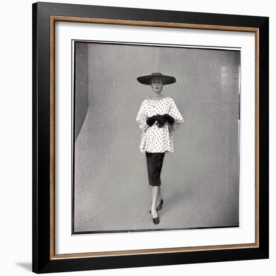 Fashion Model Showing Polka Dotted Smock Top over Black Skirt by Balenciaga-Gordon Parks-Framed Photographic Print