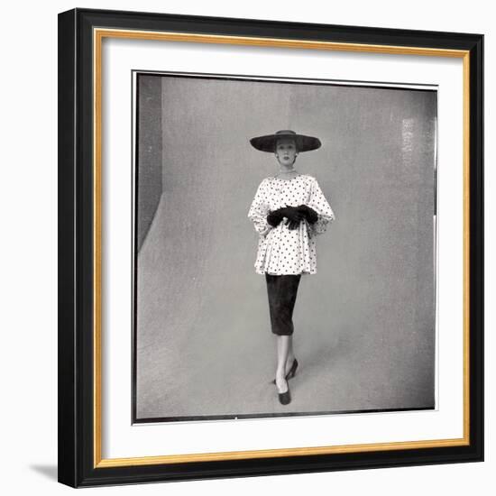 Fashion Model Showing Polka Dotted Smock Top over Black Skirt by Balenciaga-Gordon Parks-Framed Photographic Print