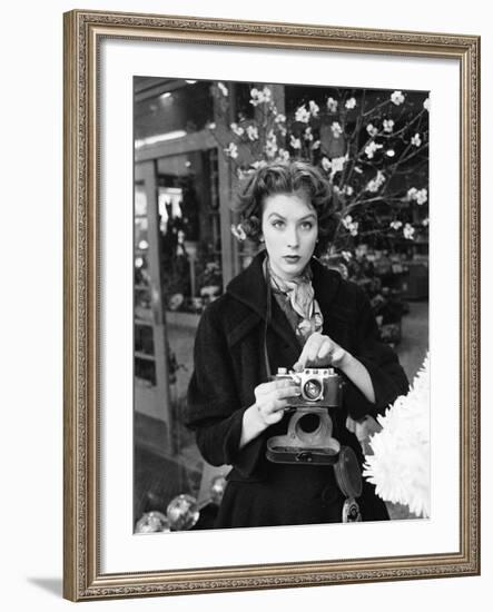 Fashion Model Suzy Parker with a Camera-Peter Stackpole-Framed Premium Photographic Print