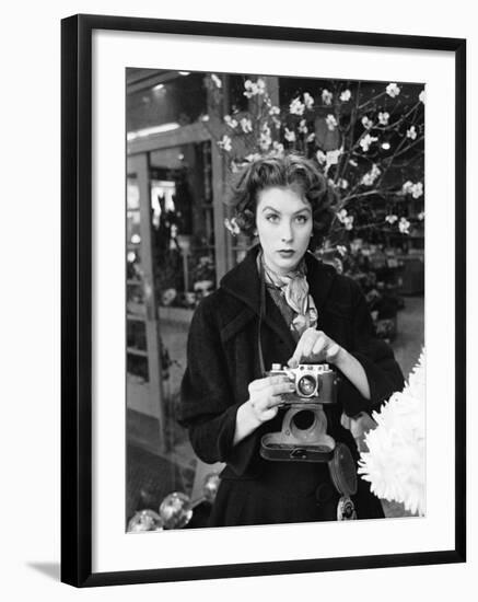 Fashion Model Suzy Parker with a Camera-Peter Stackpole-Framed Premium Photographic Print