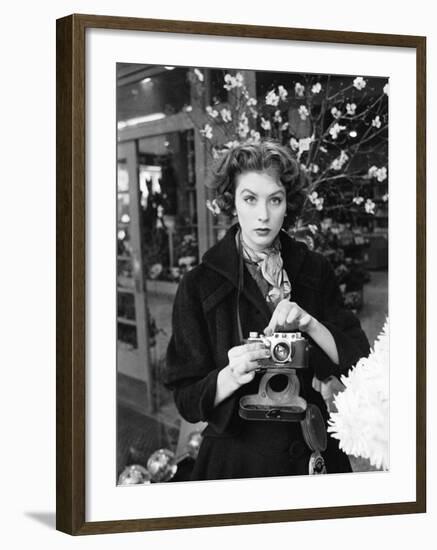Fashion Model Suzy Parker with a Camera-Peter Stackpole-Framed Premium Photographic Print