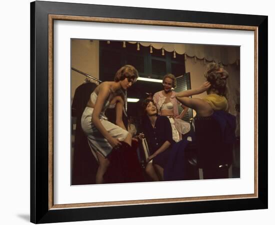 Fashion Models after a David Crystal Show Backstage, New York, New York, 1960-Walter Sanders-Framed Photographic Print