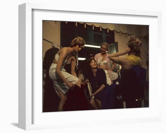 Fashion Models after a David Crystal Show Backstage, New York, New York, 1960-Walter Sanders-Framed Photographic Print