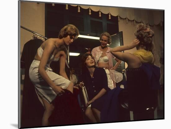 Fashion Models after a David Crystal Show Backstage, New York, New York, 1960-Walter Sanders-Mounted Photographic Print