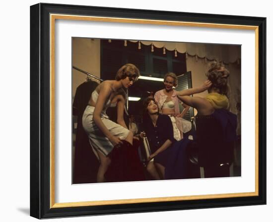 Fashion Models after a David Crystal Show Backstage, New York, New York, 1960-Walter Sanders-Framed Photographic Print