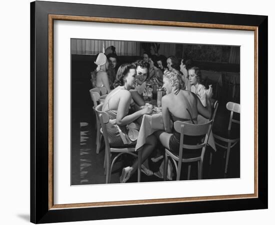 Fashion Models Taking Their Lunch Break at the Racquet Club Cafe-Peter Stackpole-Framed Photographic Print