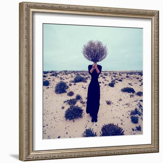 Fashion Photo. Girl in the Desert with a Bouquet Dead Branches-Evgeniya Porechenskaya-Framed Photographic Print