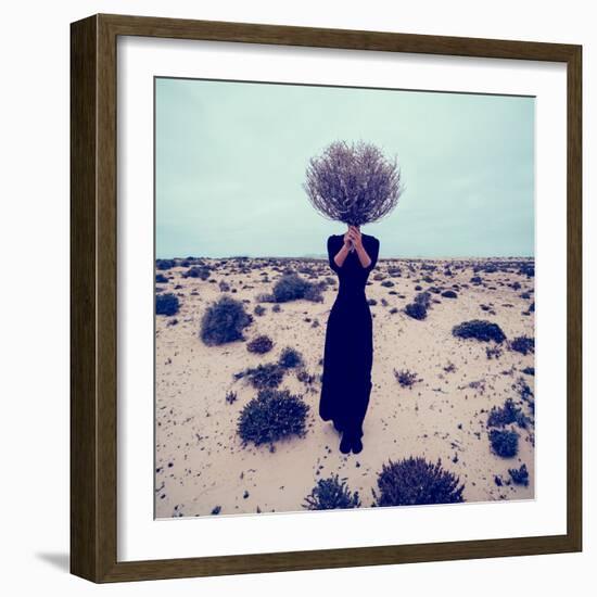 Fashion Photo. Girl in the Desert with a Bouquet Dead Branches-Evgeniya Porechenskaya-Framed Photographic Print