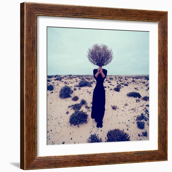 Fashion Photo. Girl in the Desert with a Bouquet Dead Branches-Evgeniya Porechenskaya-Framed Photographic Print