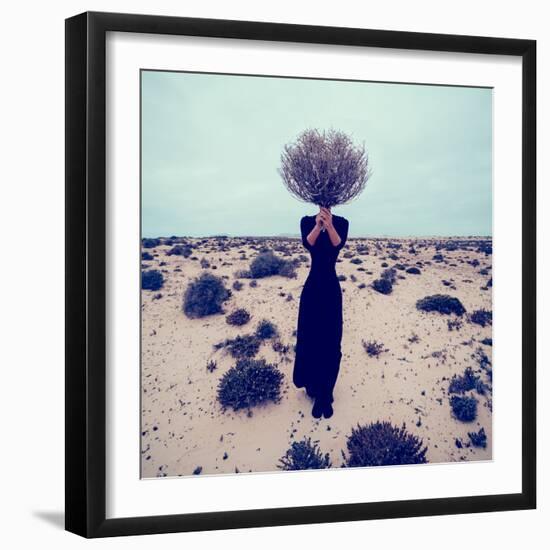 Fashion Photo. Girl in the Desert with a Bouquet Dead Branches-Evgeniya Porechenskaya-Framed Photographic Print