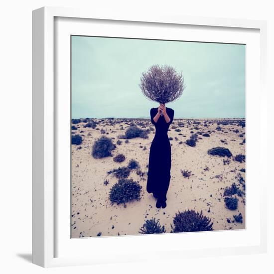 Fashion Photo. Girl in the Desert with a Bouquet Dead Branches-Evgeniya Porechenskaya-Framed Photographic Print