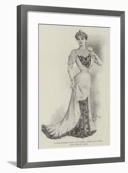 Fashionable Gown of White Crepe-De-Chine and Black Lace-null-Framed Giclee Print