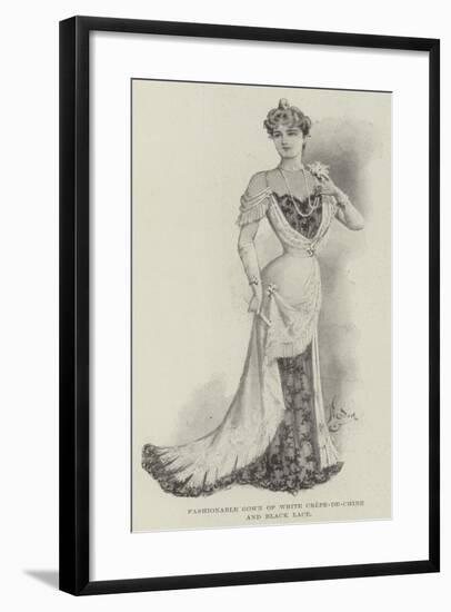 Fashionable Gown of White Crepe-De-Chine and Black Lace-null-Framed Giclee Print