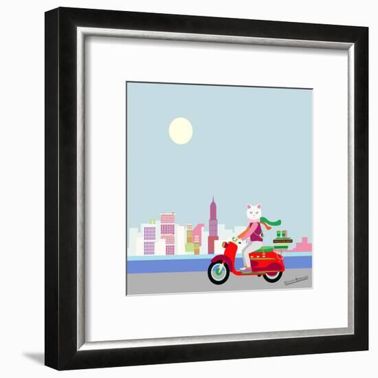 Fashionable Hipster Cat On A Vintage Scooter In A City- Illustration-run4it-Framed Art Print