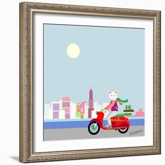 Fashionable Hipster Cat On A Vintage Scooter In A City- Illustration-run4it-Framed Art Print