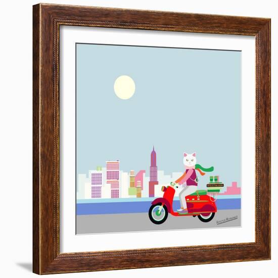 Fashionable Hipster Cat On A Vintage Scooter In A City- Illustration-run4it-Framed Art Print