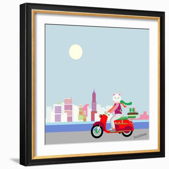 Fashionable Hipster Cat On A Vintage Scooter In A City- Illustration-run4it-Framed Art Print