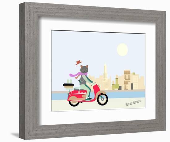 Fashionable Hipster Cat On A Vintage Scooter In A City- Illustration-run4it-Framed Art Print