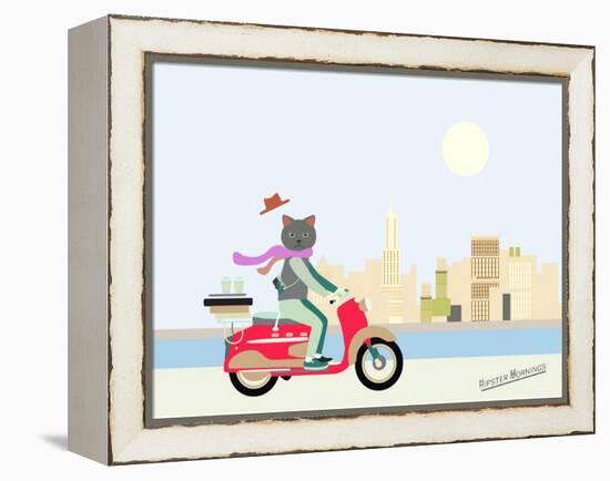 Fashionable Hipster Cat On A Vintage Scooter In A City- Illustration-run4it-Framed Stretched Canvas