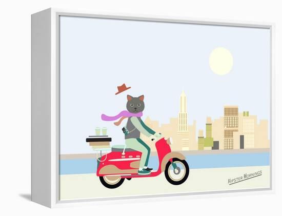 Fashionable Hipster Cat On A Vintage Scooter In A City- Illustration-run4it-Framed Stretched Canvas