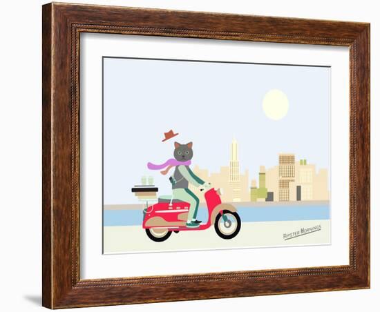 Fashionable Hipster Cat On A Vintage Scooter In A City- Illustration-run4it-Framed Art Print