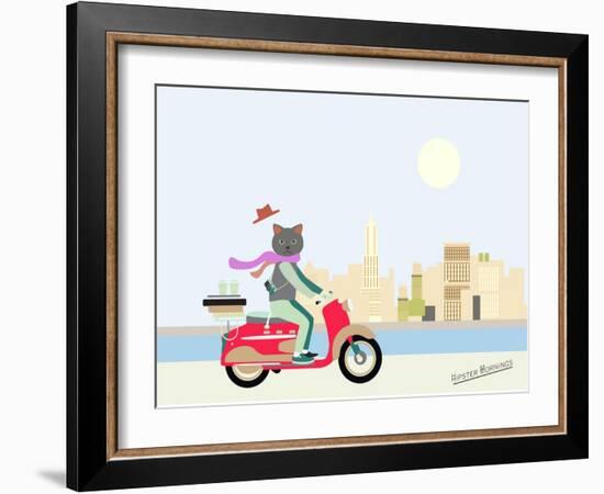 Fashionable Hipster Cat On A Vintage Scooter In A City- Illustration-run4it-Framed Art Print